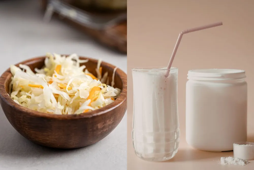 Fermentierte Lebensmittel in Gläsern auf einem Holztisch